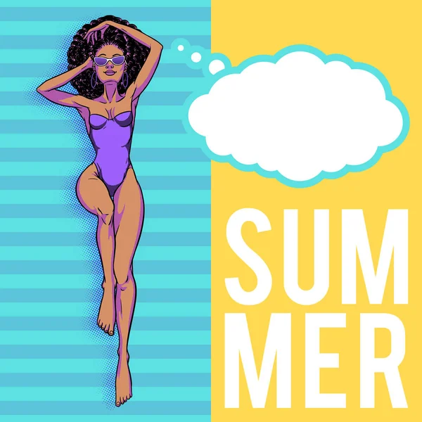 Junge schöne schwarze Frau im Badeanzug. strand mädchen, bikini, sum — Stockvektor