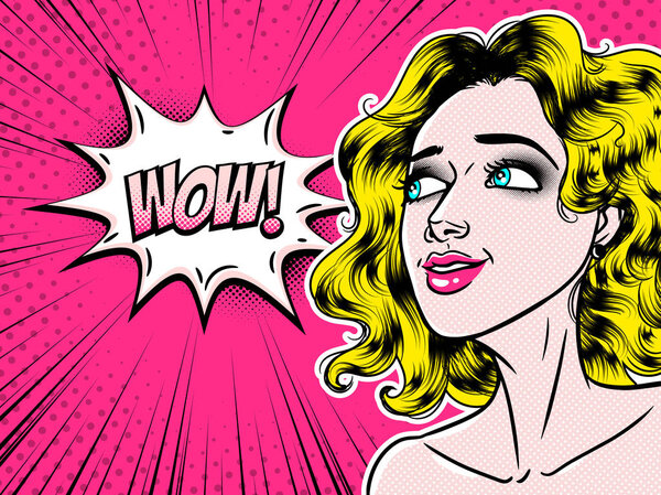 Comic style beautiful young woman saying wow in speech bubble, p