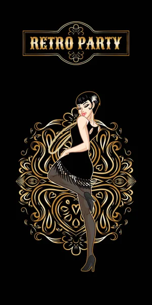 Tarjeta de fiesta retro, hermosa mujer vestida al estilo 1920 bailando — Archivo Imágenes Vectoriales