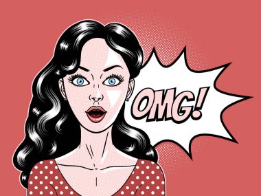 Komik tarzı güzel genç kadın ifade şaşırttı, açık ağız, omg, wow, pop art, vektör illüstrasyon