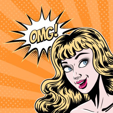 Komik tarzı güzel genç sarışın kadın sürpriz ifade, açık ağız, pop art kız afiş, vektör illüstrasyon