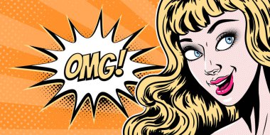 Komik tarzı güzel genç sarışın kadın ifade şaşırttı, açık ağız, omg, wow, pop art kız afiş, vektör illüstrasyon