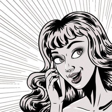 Komik tarzı cep telefonu konuşuyor güzel genç kadın, sürpriz ifade, açık ağız, pop art kız afiş, vektör illüstrasyon