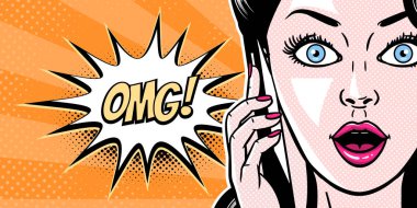 Komik tarzı cep telefonu konuşuyor güzel genç kadın, sürpriz ifade, açık ağız, pop art kız afiş, vektör illüstrasyon