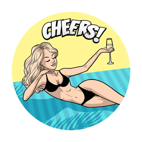 Beautiful Blonde Woman Bikini Relaxing Beach Glass Comic Pop Art — Stock Vector