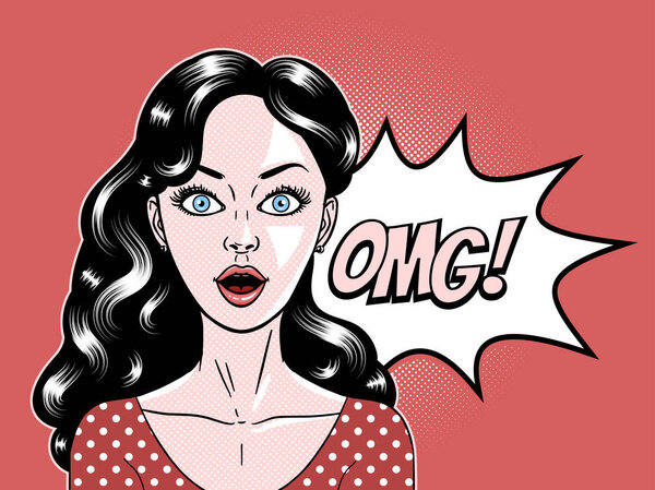 Comic style beautiful young woman surprised expression, open mouth, omg, wow, pop art, vector illustration