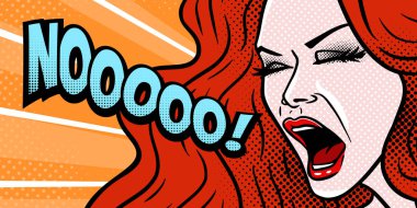 Komik tarzı kız hayır bağırarak, şok kızgın ifade, yüz clo