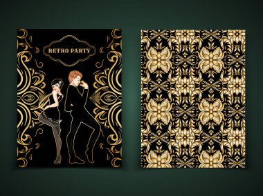Retro parti kartı şablonu, erkek ve kadın 1920'lerin tarzı giymiş 