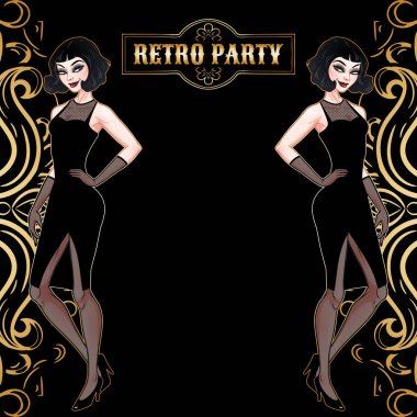 Retro parti kartı, siyah elbiseli güzel kadın, glamour model 