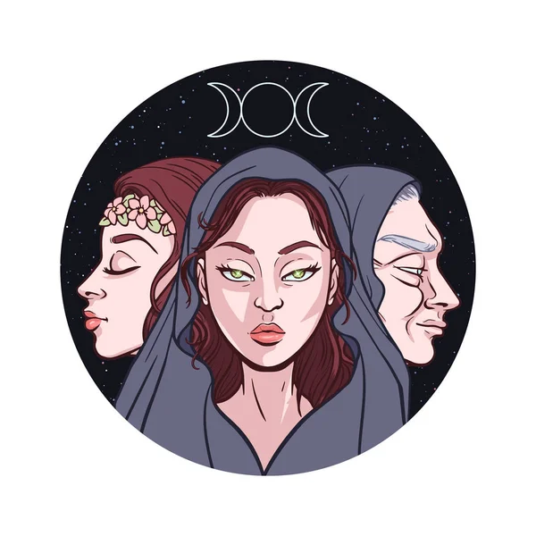Tři bohyně jako panna, matka a Crone, krásná žena, sym — Stockový vektor