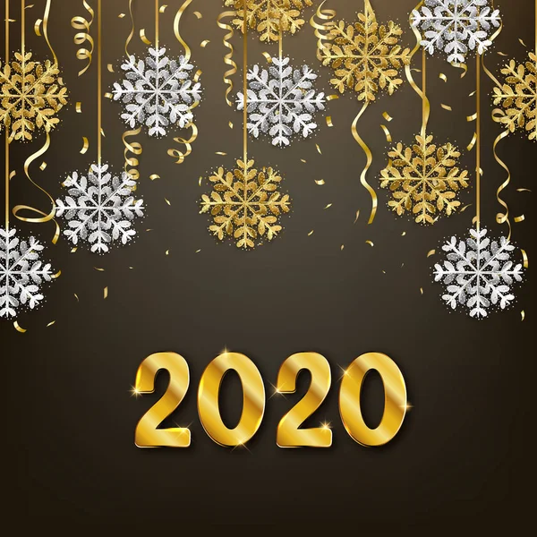 Блестящие золотые и серебряные снежинки украшения, С Новым годом 20 — стоковый вектор