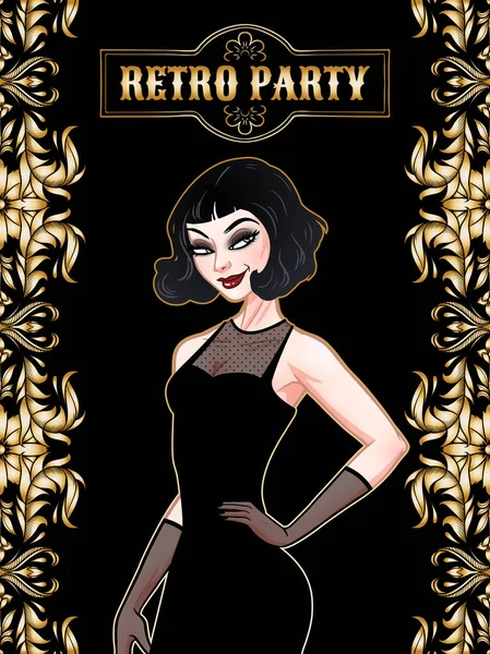 Retro party card, beautiful woman in black dress, glamour model — Stock Vector