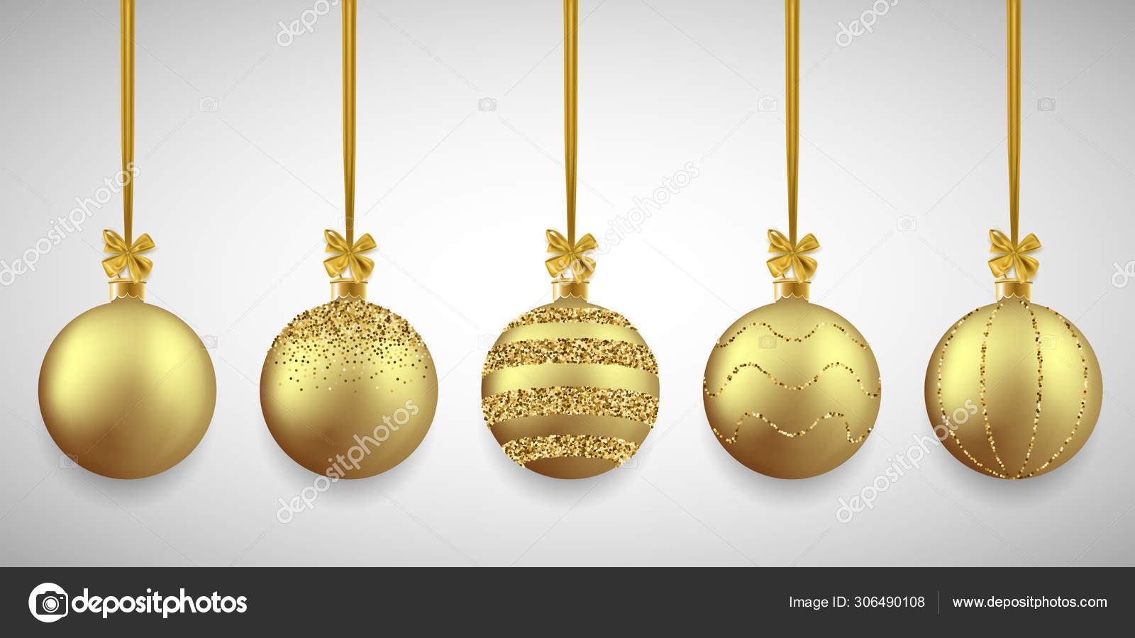 Christmas Decorative Gold Balls Set With Glitter Vector Illustr