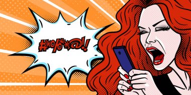 Comic style girl angry at her phone message and swearing, beauti clipart