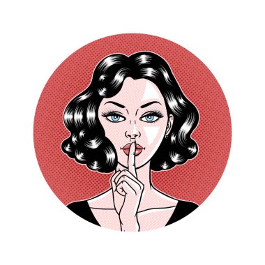 Comic style beautiful young woman holding a finger to her mouth  clipart