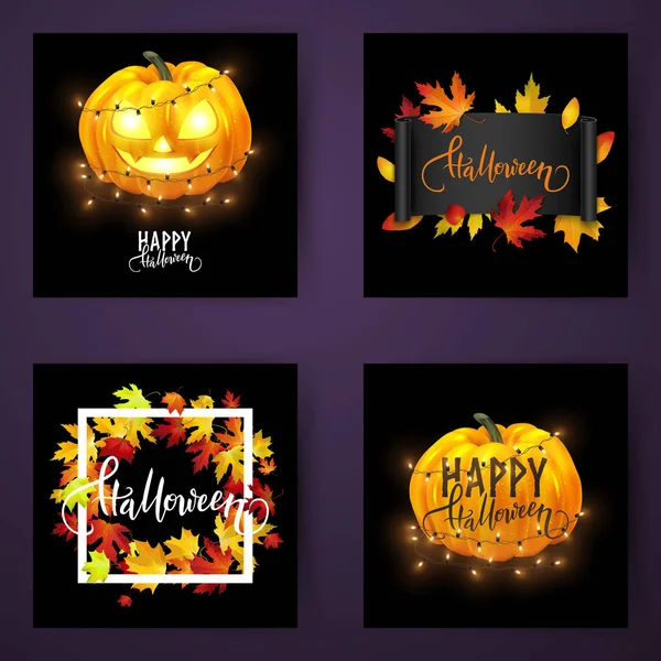 Set di striscioni inquietanti per cartoline di Halloween con zucche, vettoriale i — Vettoriale Stock