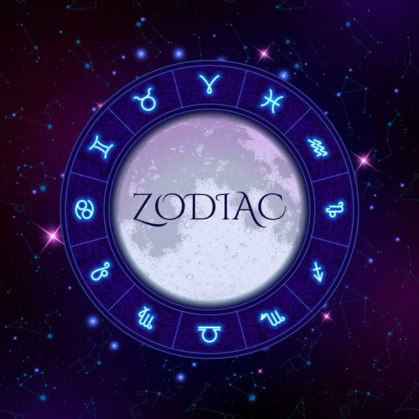 Zodiac Circle op de achtergrond van de ruimte met maan in het midden, ster — Stockvector