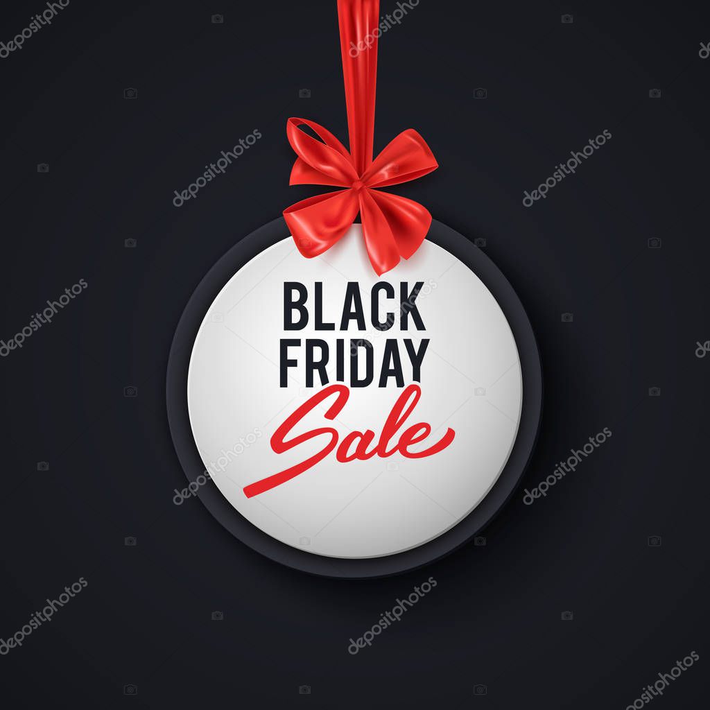 Black friday sale advertisement, round banner with decorative bow, vector illustration