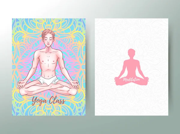Jovem meditando yogi homem em pose de lótus, aulas de ioga advertisem — Vetor de Stock