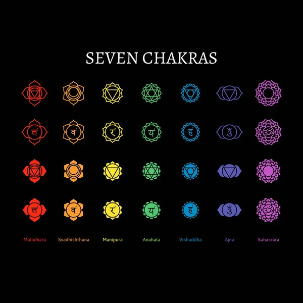 Conjunto de siete chakras humanos, iconos de colores planos, muladhara, svadhis — Vector de stock