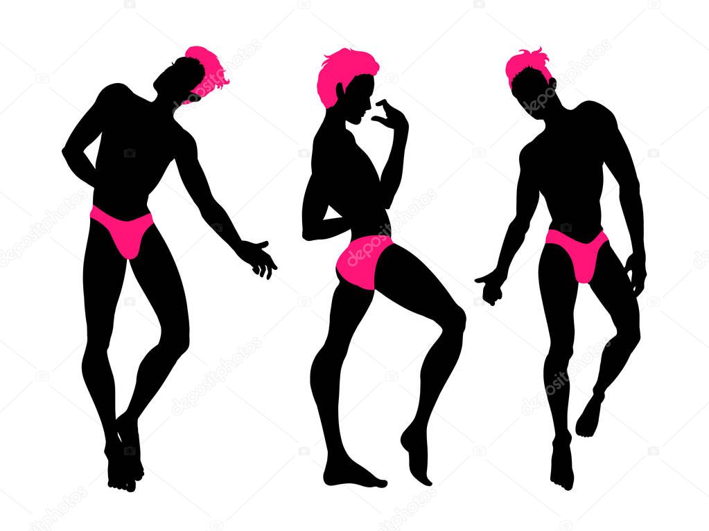 Sexy handsome men silhouettes dancing in underwear, stripper, go