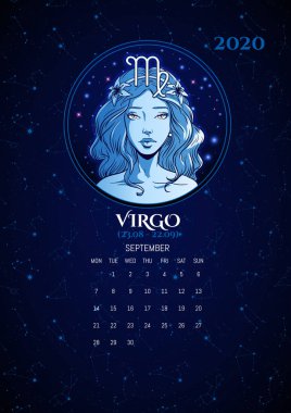Zodiac signs 2020 calendar, Virgo girl, vector illustration clipart