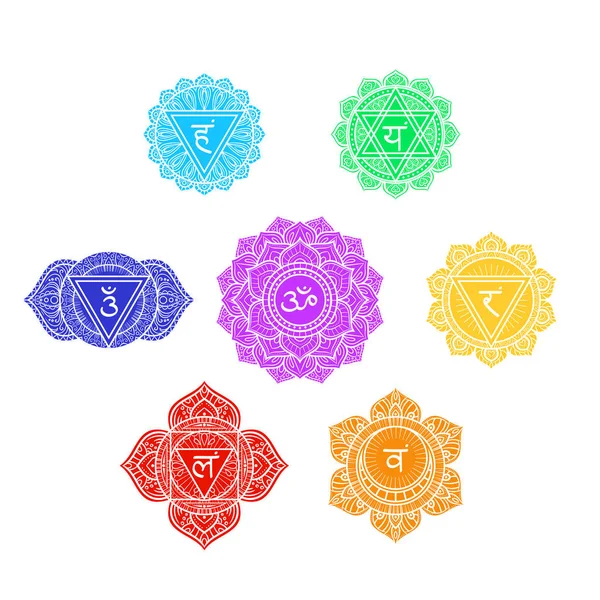 Conjunto de siete símbolos de chakras humanos, iconos coloridos, muladhara, svad — Vector de stock