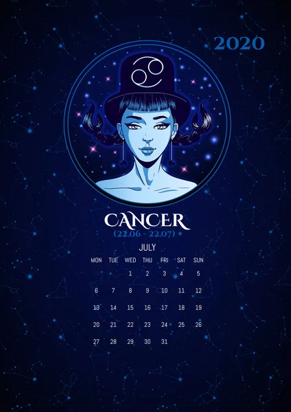 Zodíaco signos 2020 calendario, Cáncer chica, vector de ilustración — Vector de stock