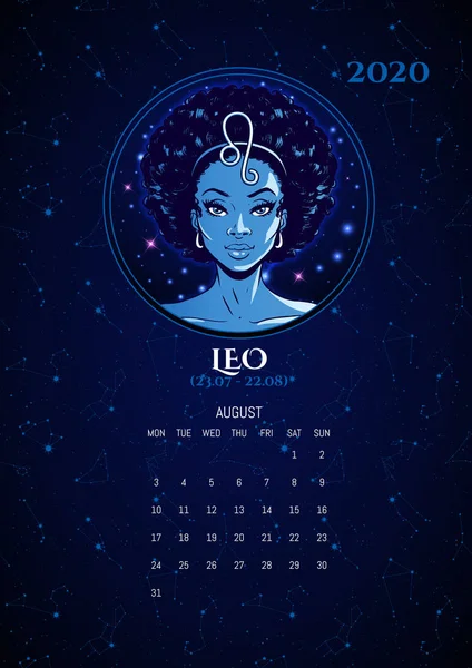 Stjärntecknen 2020 kalender, Leo flicka, vektor illustration — Stock vektor