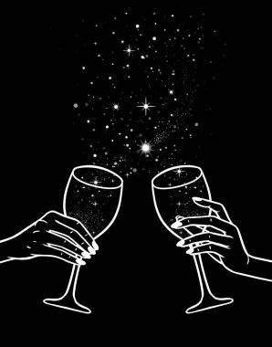 Cheers, girls drinking, hands with wine glasses and space stars potion, vector illustration vector Cheers, girls drinking, hands with wine glasses and space stars potion, vector illustration vector