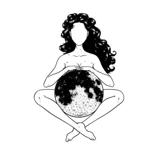 Belle Femme Méditant Avec Pleine Lune Symbole Déesse Illustration Vectorielle — Image vectorielle