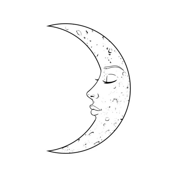 Mond Mit Frauengesicht Auf Weißem Hintergrund Mystische Vintage Symbolkunst Vektorillustration — Stockvektor