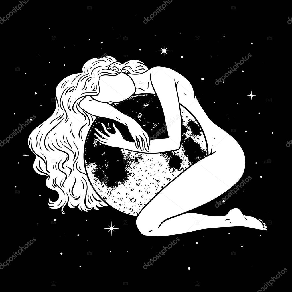 Beautiful woman hugging full moon in space, magic theme, goddess symbol. Vector illustration