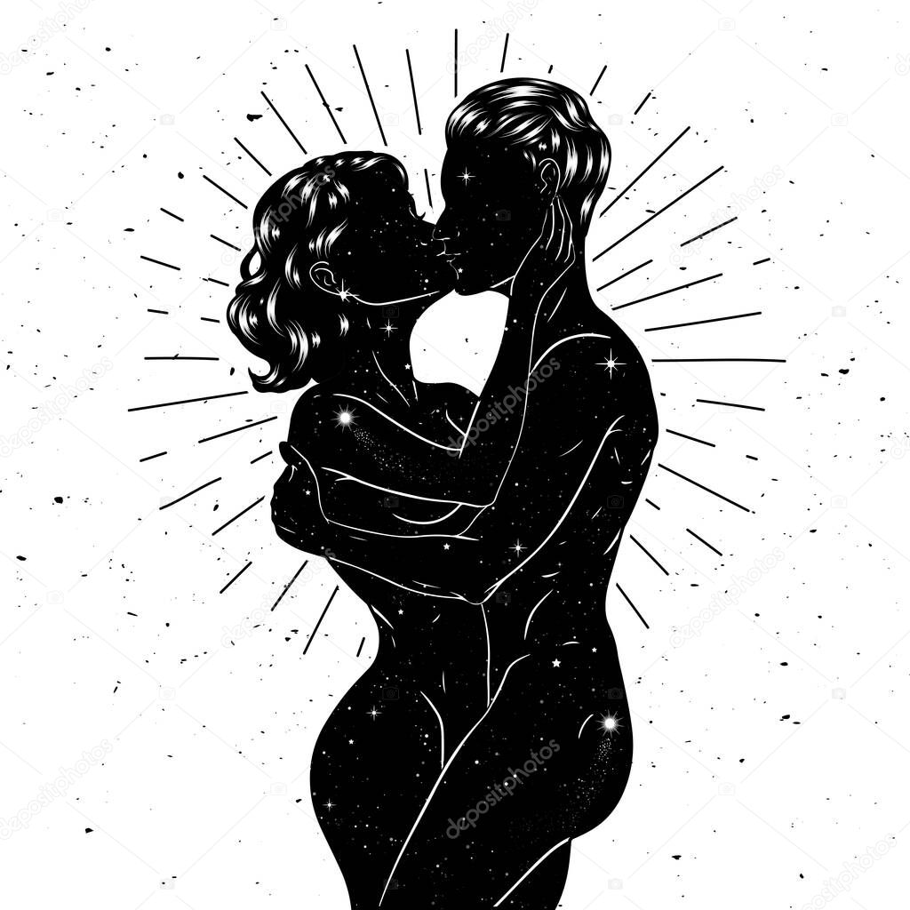 Woman and man kissing, beautiful sensual couple in love, black silhouettes. Vector illustration