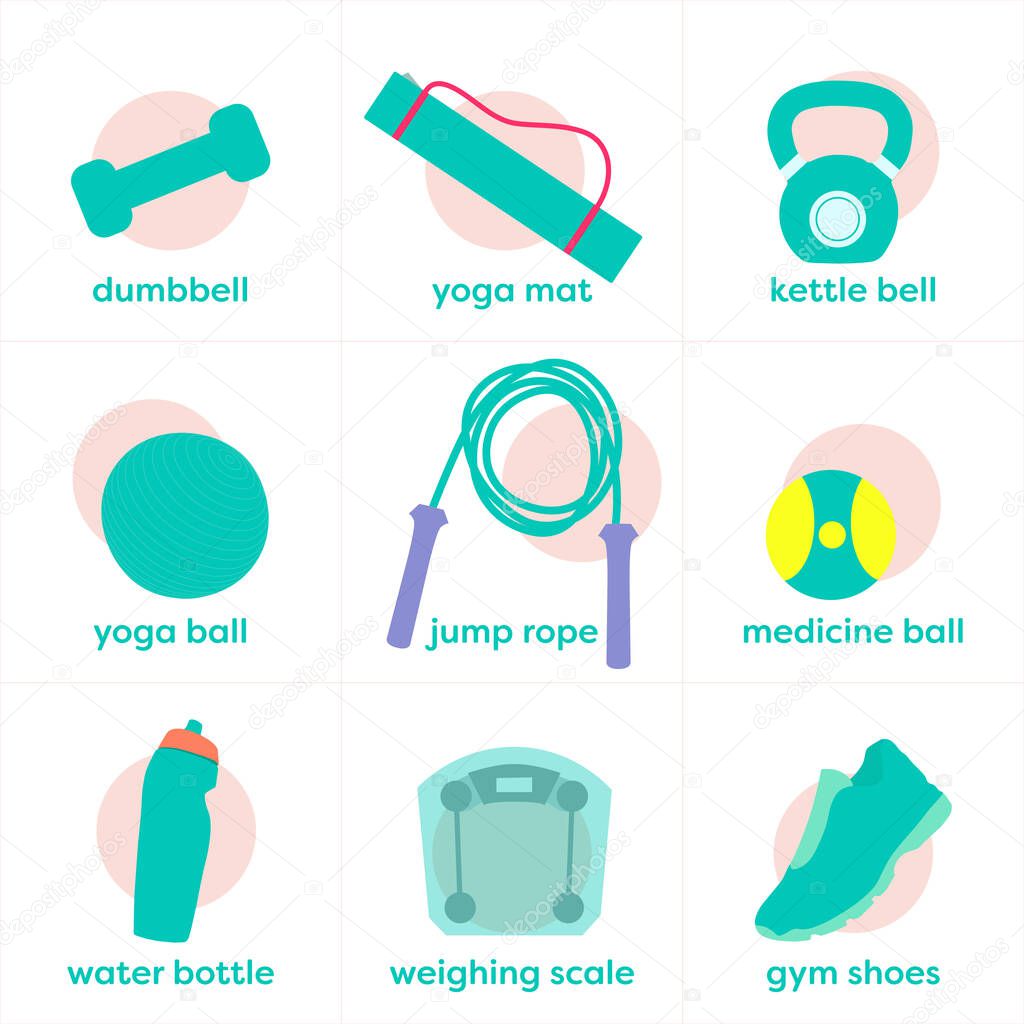 Workout Exercise Equipment Vector Illustration Icons Set Dumbbell Yoga Mat Kettle Bell Yoga Ball Jump Rope Medicine Ball Water Bottle Weighing Scale Gym Shoes