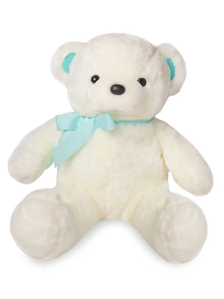 Mavi fiyonklu beyaz peluş ayı. İzole.