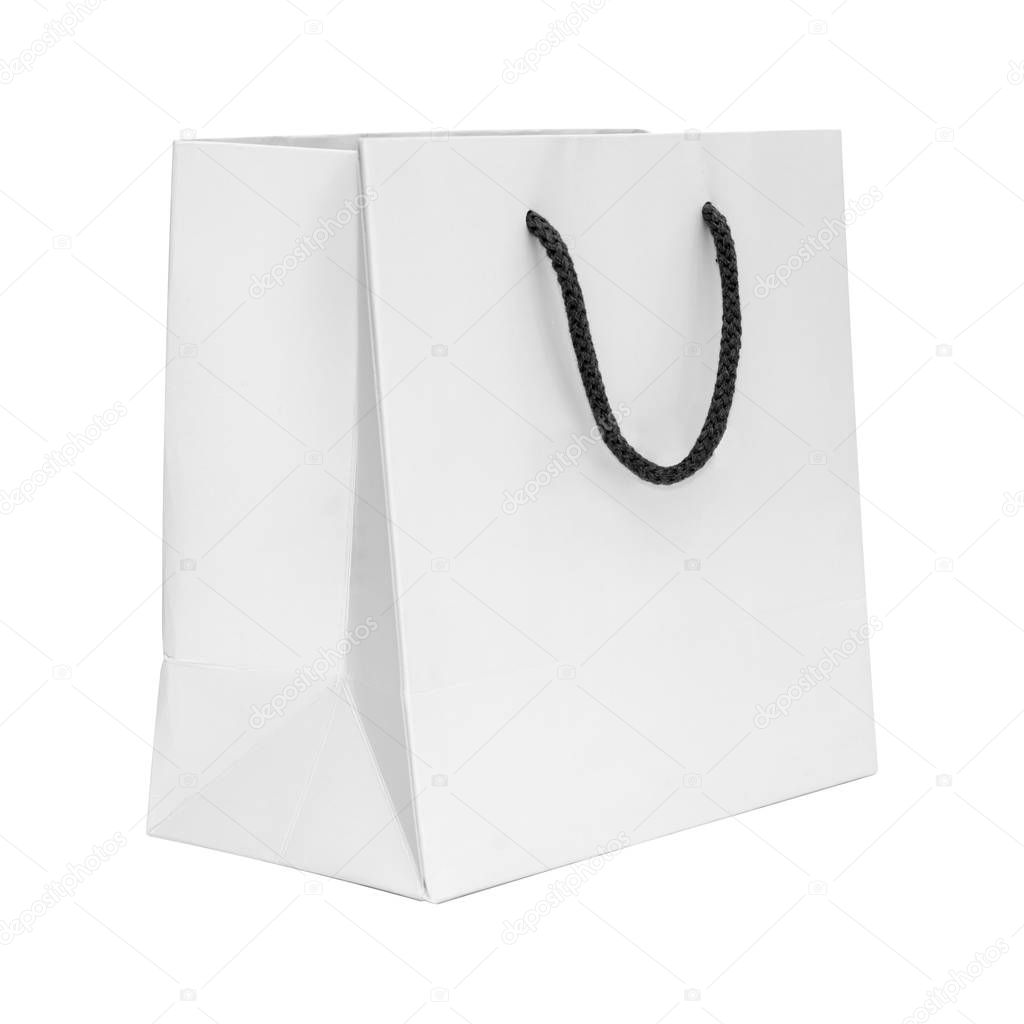 Recycled white paper shopping bag on white background.