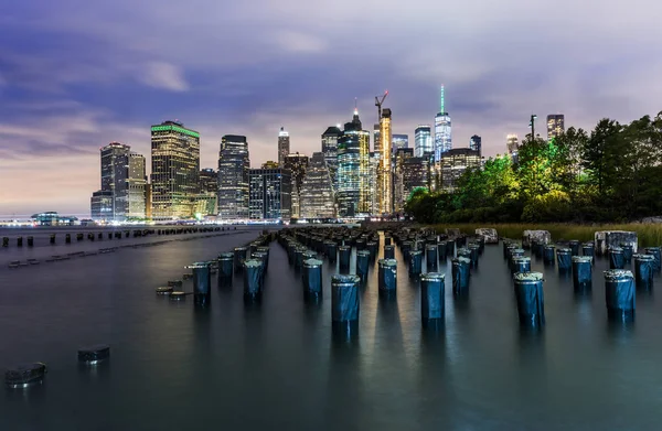 Manhattan Panoramic Skyline Night Brooklyn Bridge Park New York City — Stock Photo, Image