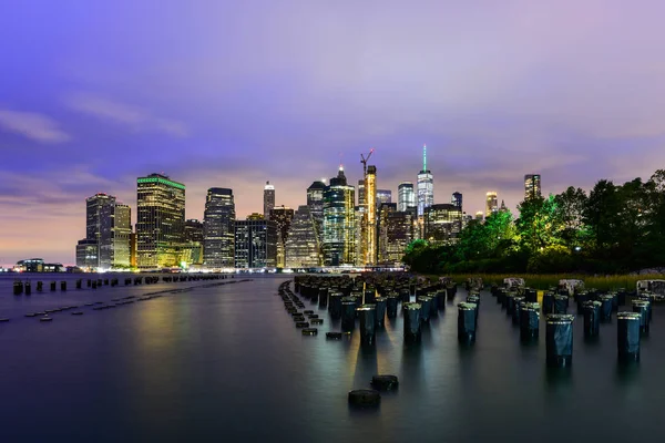 Manhattan Panoramic Skyline Night Brooklyn Bridge Park New York City — Stock Photo, Image