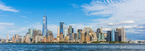 Manhattan panoramic skyline view. New York City, USA. Office buildings and skyscrapers at Lower Manhattan (Downtown Manhattan)
