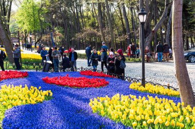 İstanbul, Türkiye - 10 Nisan 2019: Emirgan Parkı'nda İstanbul Lale Festivali. Bahçede renkli laleler. İstanbul, Türkiye.