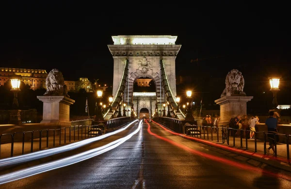 Γέφυρα Της Αλυσίδας Szechenyi Lanchid Νύχτα Βουδαπέστη Βουδαπέστη Ουγγαρία — Φωτογραφία Αρχείου