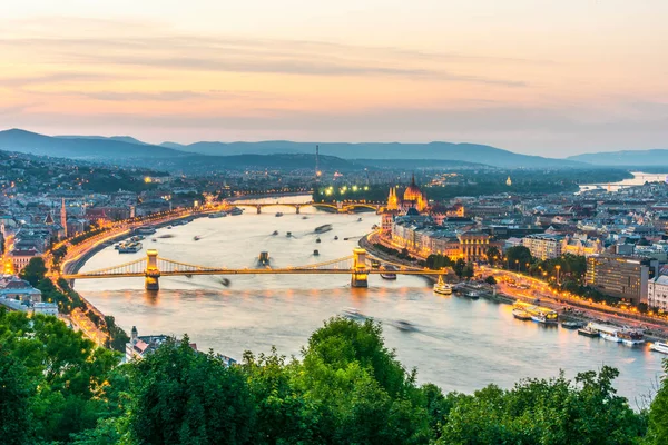 Panorámás Éjszakai Kilátás Budapest Gellért Hegyről Budapest Magyarország — Stock Fotó