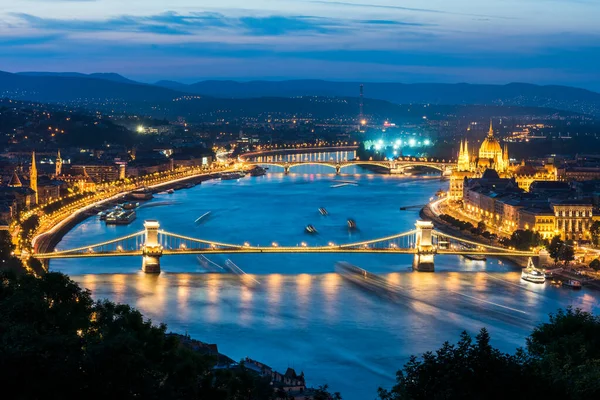 Panorámás Éjszakai Kilátás Budapest Gellért Hegyről Budapest Magyarország — Stock Fotó