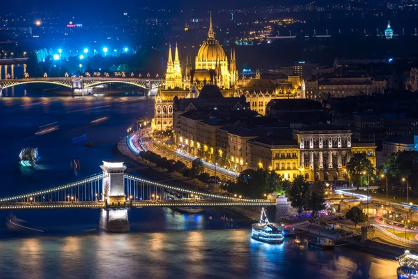 Panorámás Éjszakai Kilátás Budapest Gellért Hegyről Budapest Magyarország — Stock Fotó