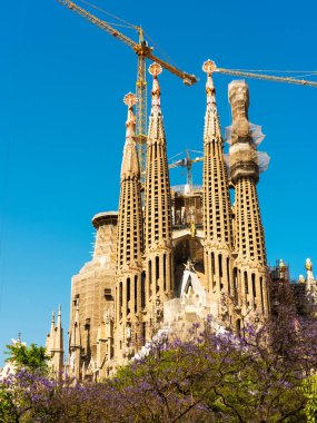 BARCELONA, İspanya - 27 Mayıs 2016: La Sagrada Familia. 19 Mart 1882 'den beri inşa edilen ve henüz tamamlanmamış olan Gaudi tarafından tasarlanan etkileyici katedral.