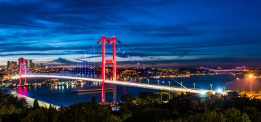 İSTANBUL, Turkey. Günbatımında İstanbul Boğazı 'nın panoramik manzarası. İstanbul Boğaz Köprüsü (15 Temmuz Şehitler Köprüsü. Türkçe: 15 Temmuz Sehitler Koprusu). Güzel bulutlu mavi gökyüzü.