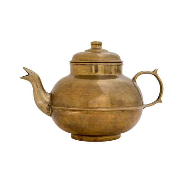 old copper kettle on white background. yellow kettle.