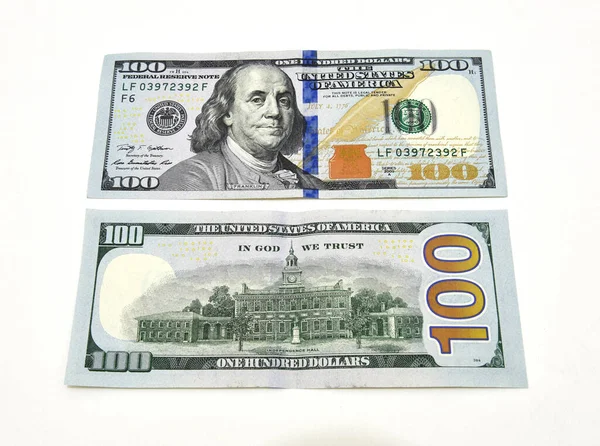 100 Dolarů Bankovky Izolované Bílém Pozadí — Stock fotografie