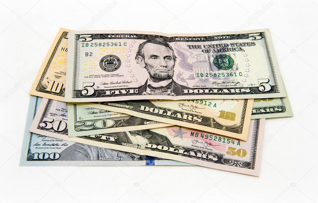 Various US dollar banknotes (5, 10, 20, 50, 100 Dollar)
